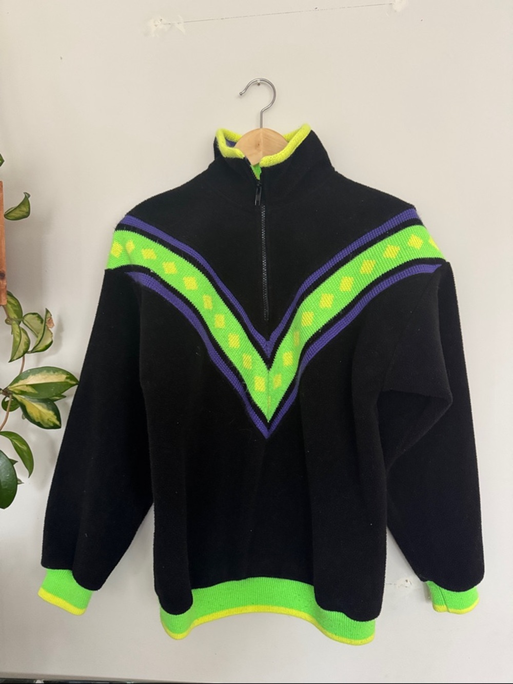 Vintage Black Pullover Sweater with Neon Green & Purple Chevron
